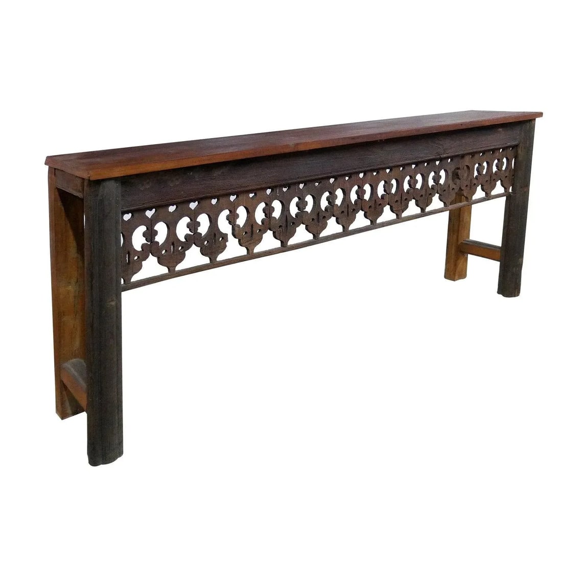 Farmhouse Style Lattice Carved Teak Wood Long Console | Unique Entryway Hall Table | Distressed Rust - 6