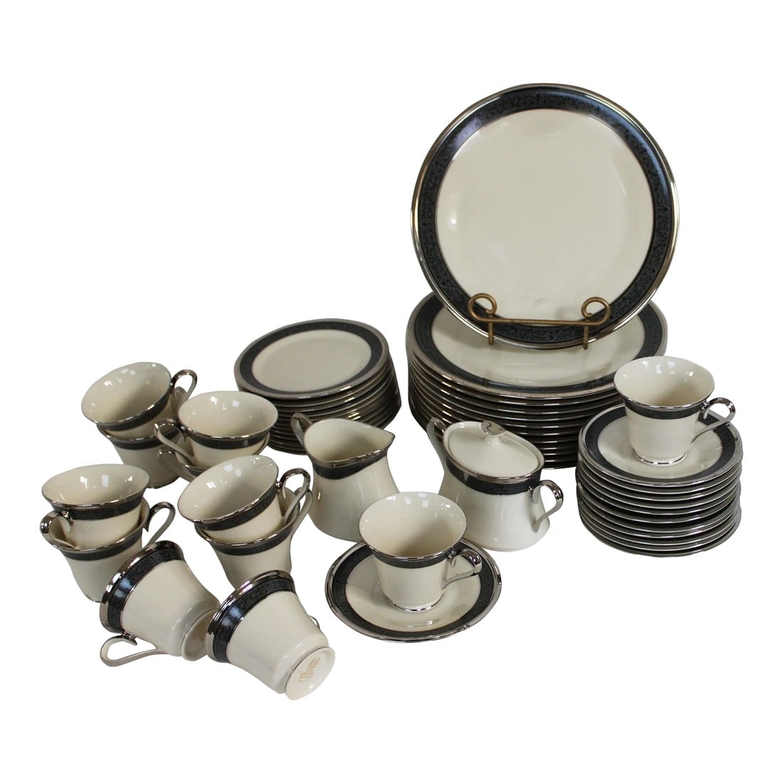 Lenox China Moonlight Mood- Service for 12 Plus Sugar/Creamer: Set of Lenox china in the Moonlight Mood pattern. This is a huge set with service for 12 plus creamer & sugar. 63 piece set includes 12 each dinner plates, salad plates, bread plates, cups, saucers, s