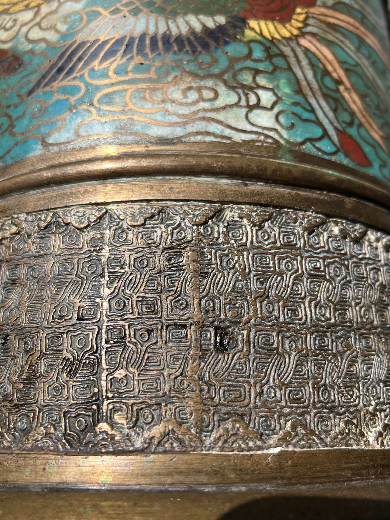 Antique Chinese Bronze & Cloisonné Phoenix Umbrella Stand - 10