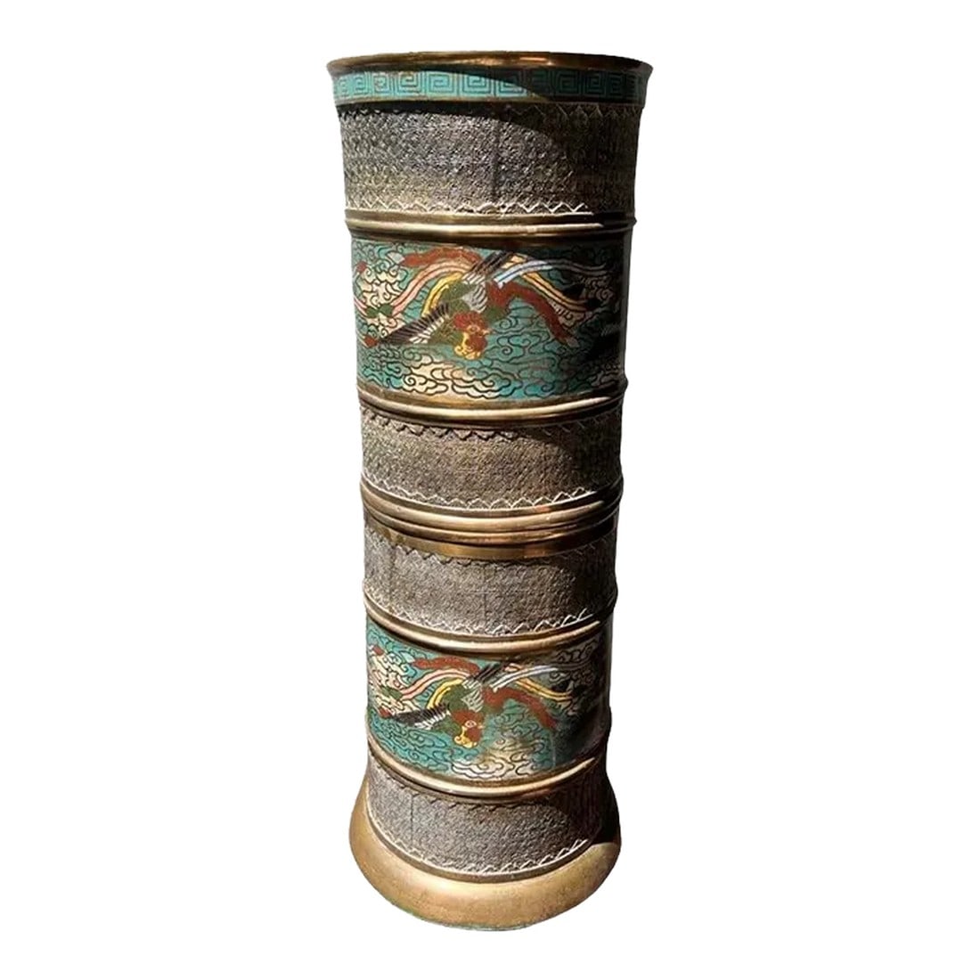 Antique Chinese Bronze & Cloisonné Phoenix Umbrella Stand: Antique chinese bronze & cloisonne umbrella stand. Likely circa 1900. Phoenix motifs to body Condition: Alterations: Original Condition Unaltered Imperfections: Some Imperfections Condition Notes: Clo