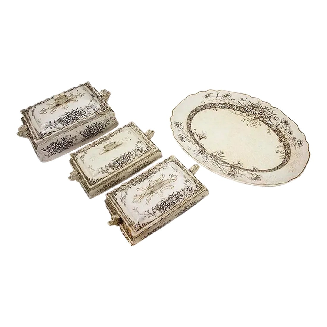 Vintage Staffordshire Farmhouse Serving Pieces - Set of 4: Rare set of antique Staffordshire serving pieces in the Argyle pattern. I wish I knew more about this china but I can't find another piece of this pattern anywhere online making it indeed very rare. T