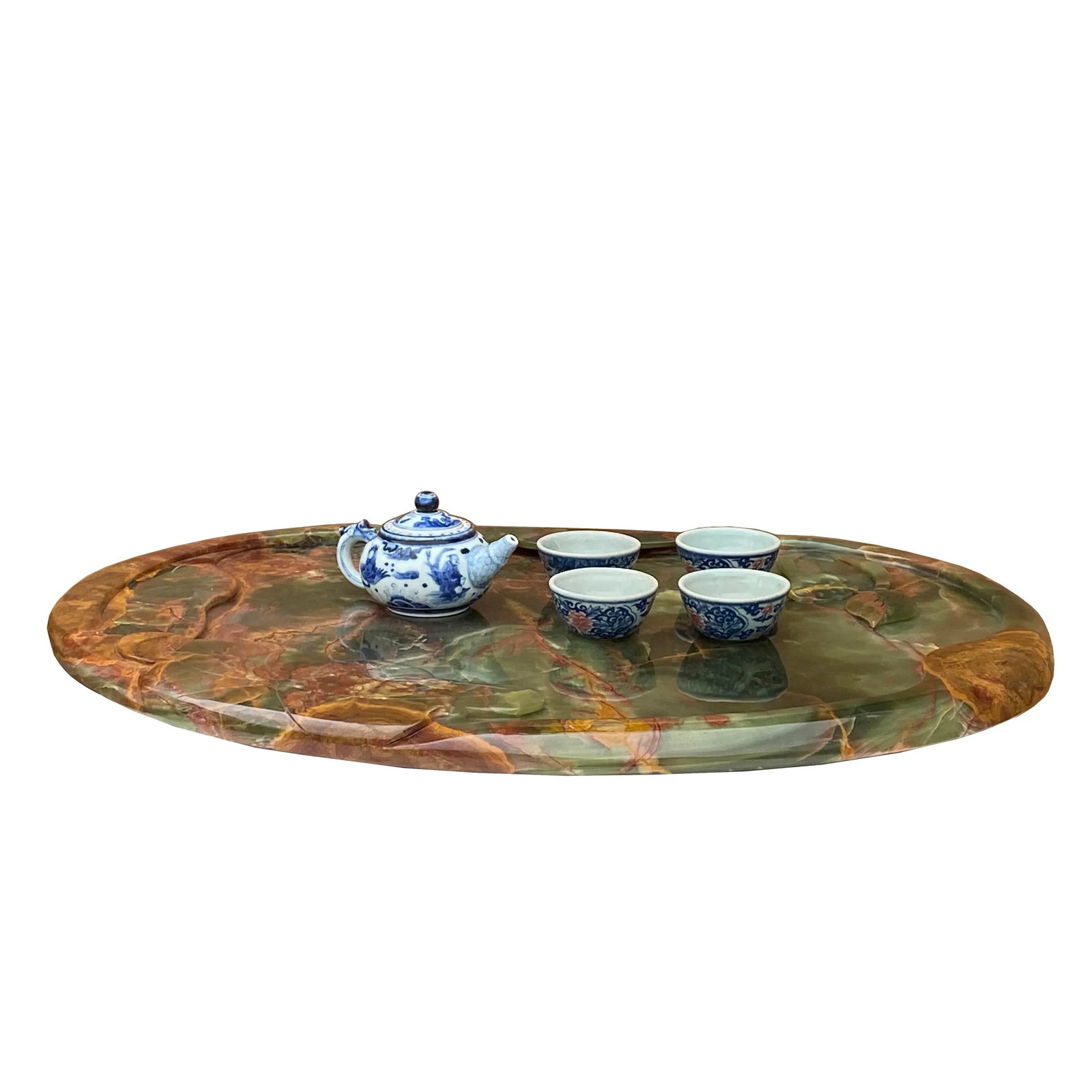 Chinese Natural Green Stone Craved Lotus Theme Tea Basin Tray - 5