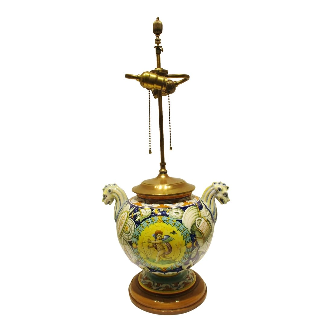 Antique Italian Majolica Cantagalli Vase Mounted as Lamp Circa 1900s: Antique Italian Majolica Cantagalli Vase Mounted as Lamp circa 1900s This vase has seahorse handles and is hand painted with cherub, armor and trophies. It is signed on the bottom with a rooster. It h