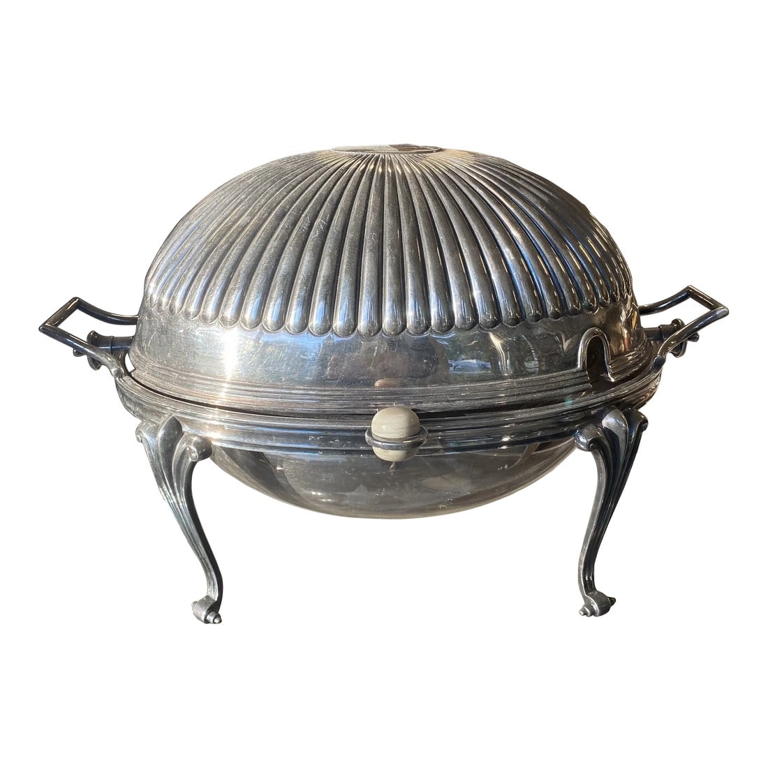 Early 20th Century Mappin Brothers Antique Armorial Silverplated Breakfast Dome: Large silver plated breakfast server with roll top ribbed dome. Armorial engraving to the top and marked accordingly to the bottom. Condition: Alterations: Original Condition Unaltered Imperfections: