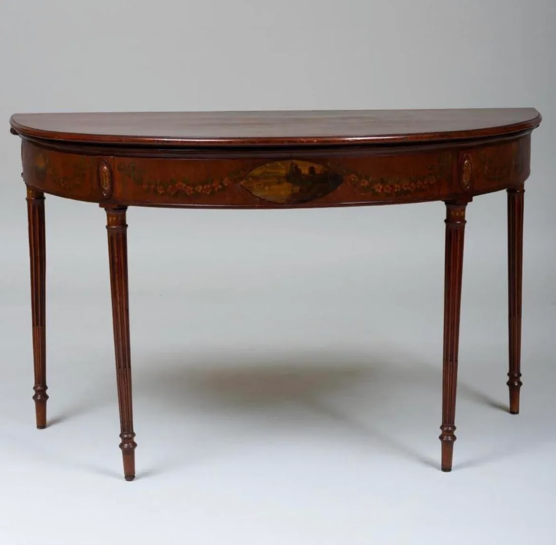 18th Century English Georgian Hand Painted Fruitwood and Mahogany Demilune to Round Folding Dining T - 10