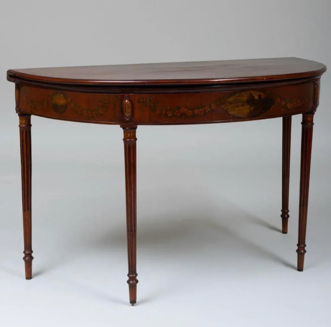 18th Century English Georgian Hand Painted Fruitwood and Mahogany Demilune to Round Folding Dining T - 7