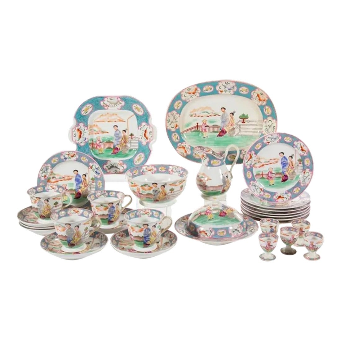 Late 18th Century Hall Porcelain Breakfast Service Mandarin Chinoiserie, 23 Pieecs: One of best and among the earliest English chinoiserie's patterns manufactured between 1790-1810 New Hall Shelton England. 23 pieces. Turquoise border ENGLISH NEW HALL CHINOISERIE PORCELAIN PARTIAL BR