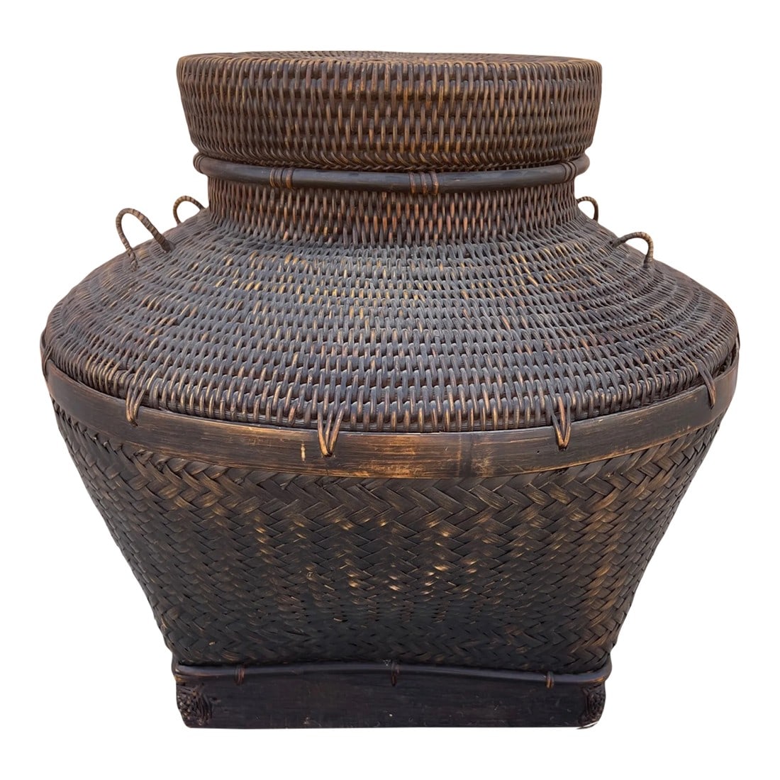 Handcrafted Tribal Woven Lidded Basket: Handcrafted Tribal Woven Lidded Basket from either the Ifugao or Bontoc people of the Luzon Mountains in the Philippines, this finely woven basket is noted for its exceptional beauty and craftsmanship