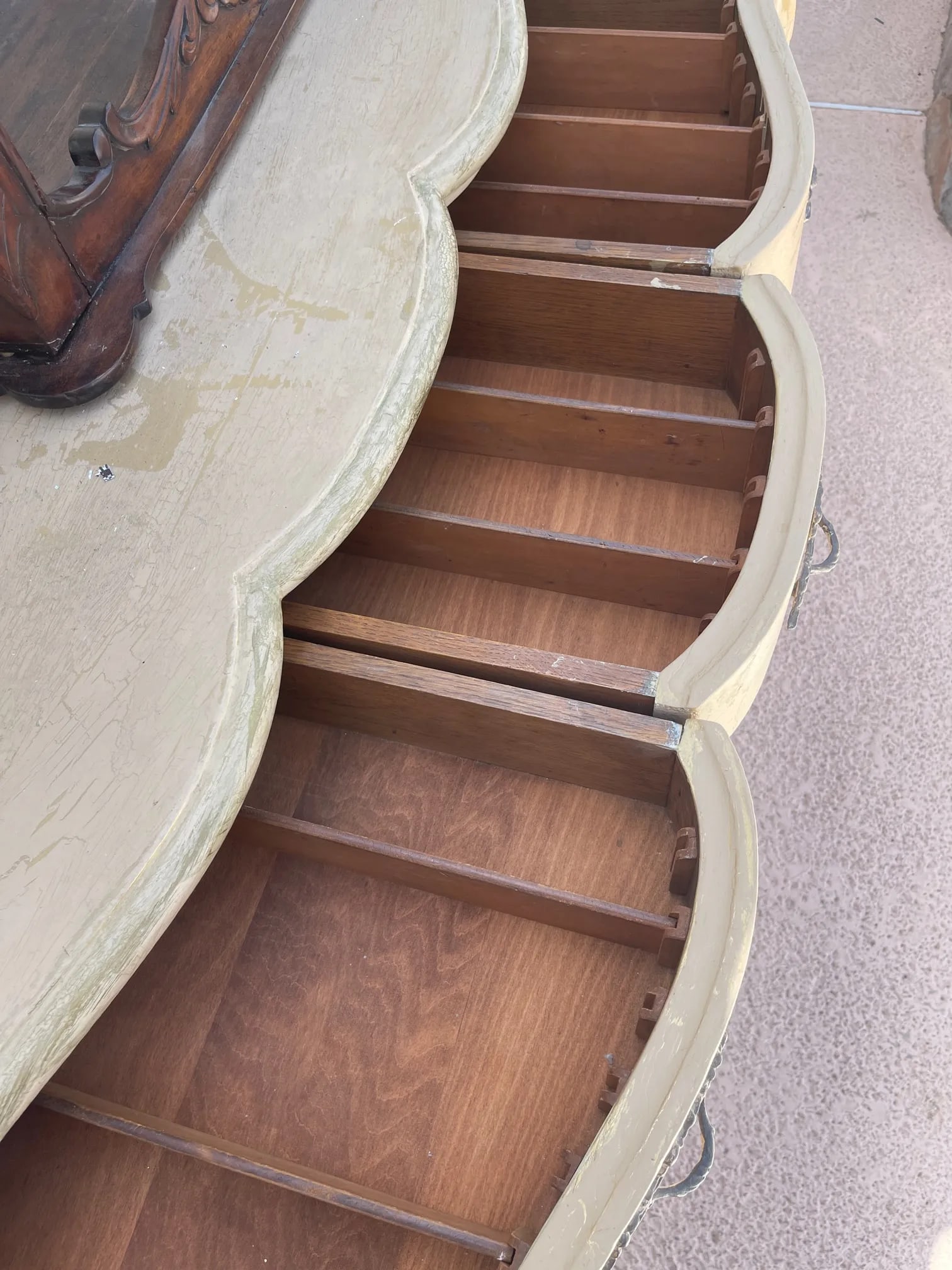 Antique French Louis XV Style Distressed Scalloped Front Console Table - 2