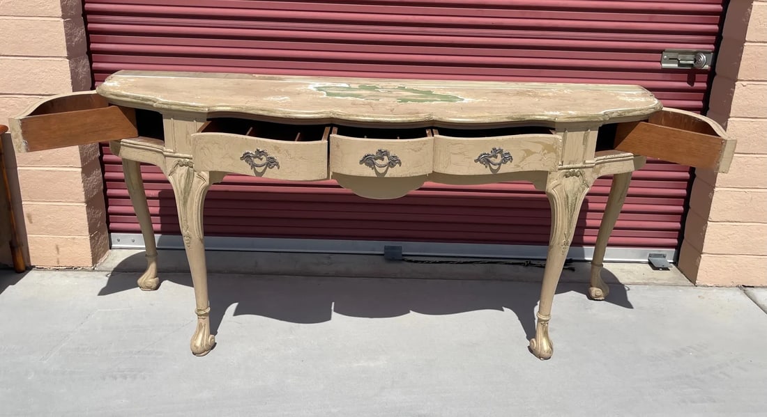 Antique French Louis XV Style Distressed Scalloped Front Console Table - 7