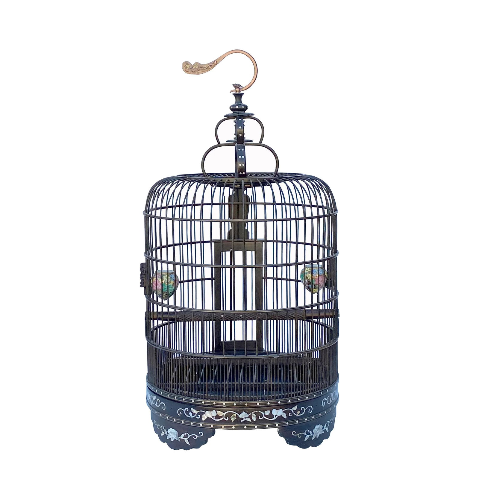 Chinese Tan Solid Wood Mother of Pearl Inlay Round Collectable Birdcage - 2