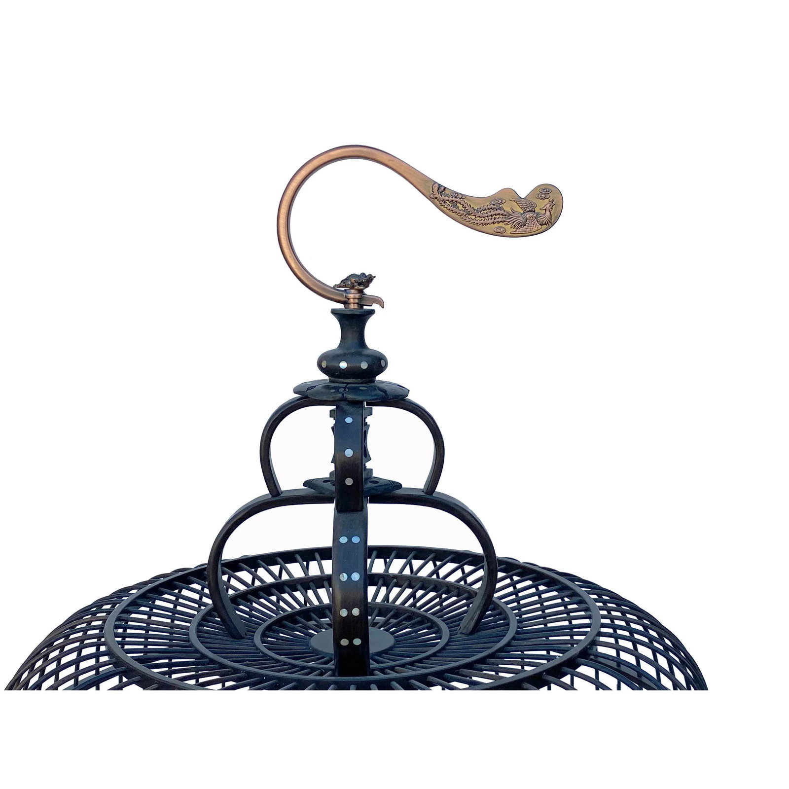 Chinese Tan Solid Wood Mother of Pearl Inlay Round Collectable Birdcage - 3