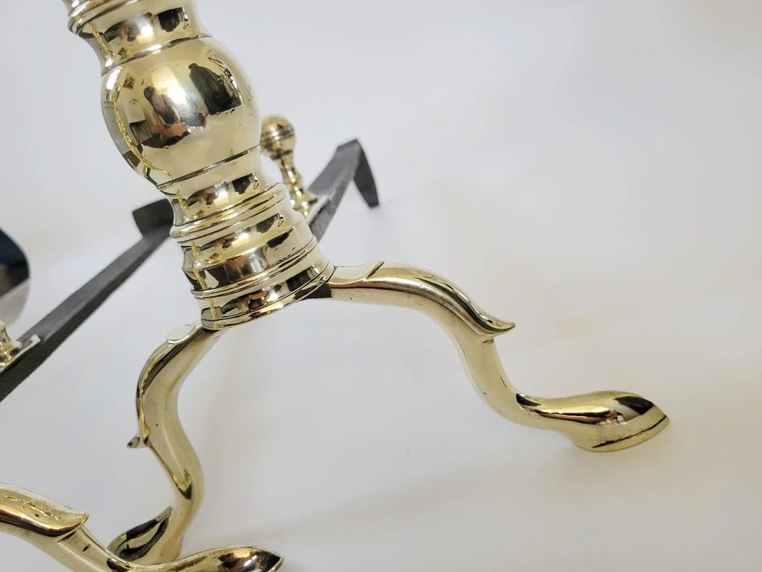 Antique Period American Brass Fireplace Andirons, Circa 1820 - 10