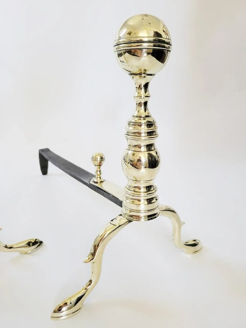 Antique Period American Brass Fireplace Andirons, Circa 1820 - 2