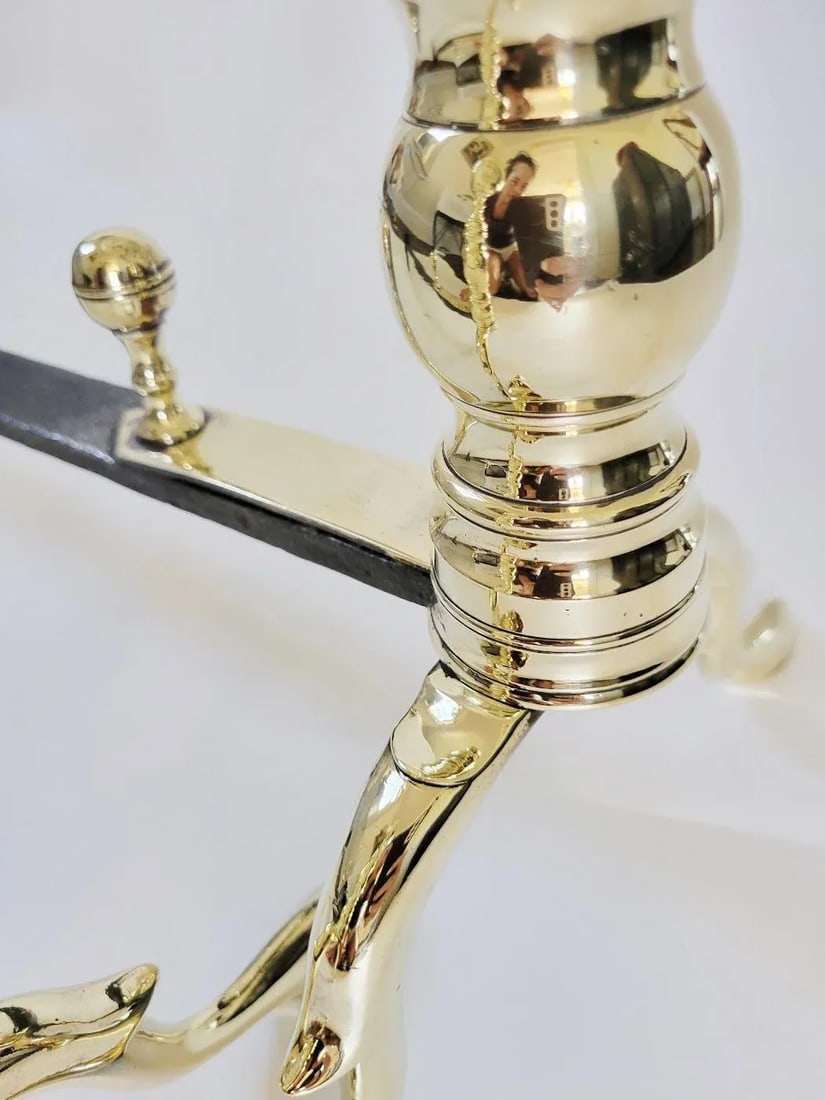 Antique Period American Brass Fireplace Andirons, Circa 1820 - 4