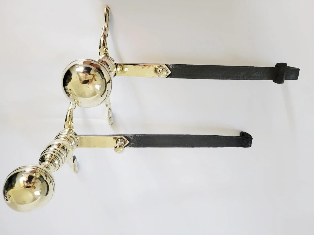 Antique Period American Brass Fireplace Andirons, Circa 1820 - 6