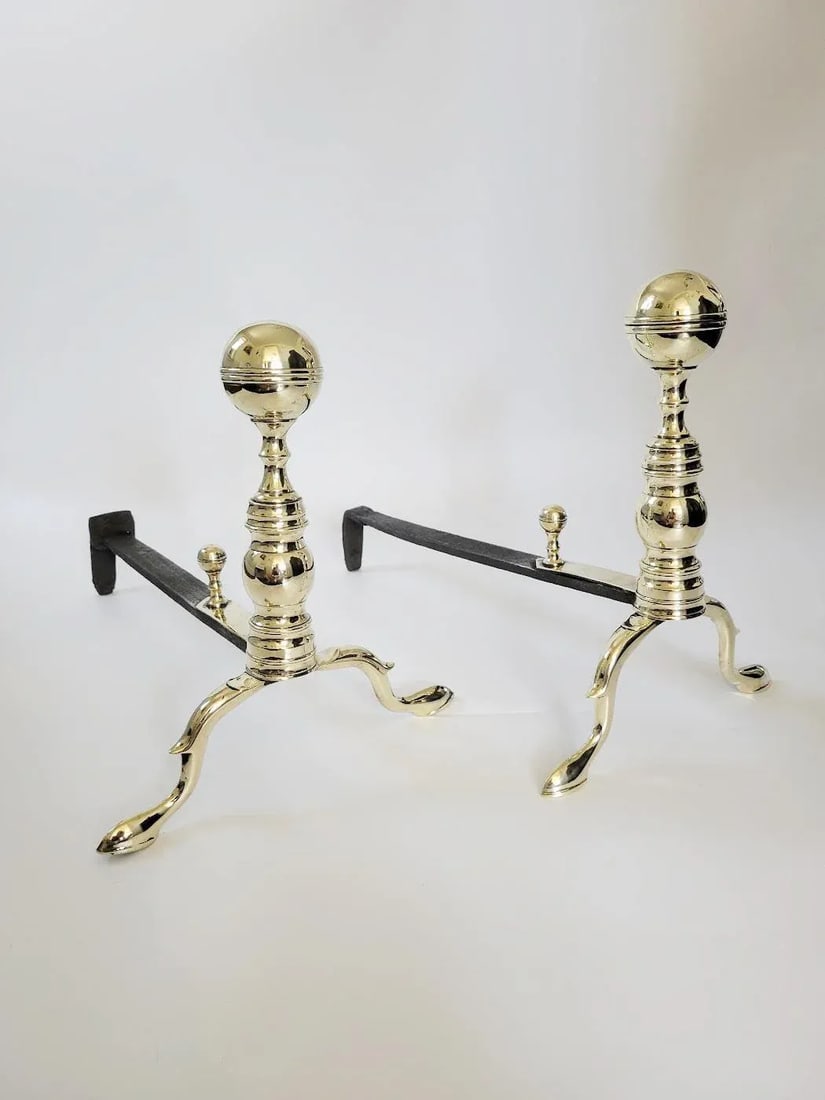Antique Period American Brass Fireplace Andirons, Circa 1820 - 7