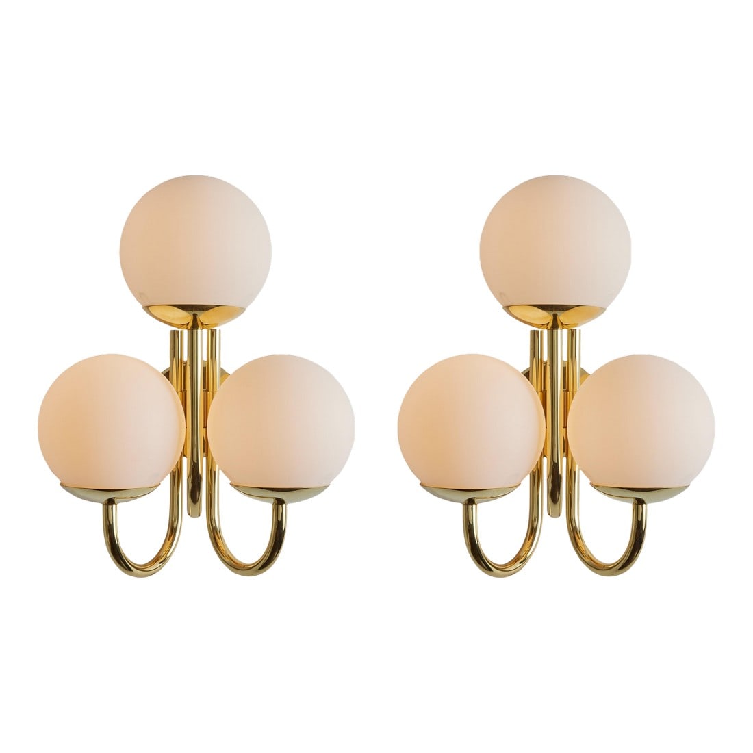 Large 1960s 3-Arm Glass & Brass Wall Lamps for Limberg - a Pair: Large pair of 1960s 3-arm glass & brass wall lamps for Limberg. Comprised of 3x opaline glass globes (6 inches diameter) with a polished brass structure. Fabricated in Germany, circa 1960s with manufa