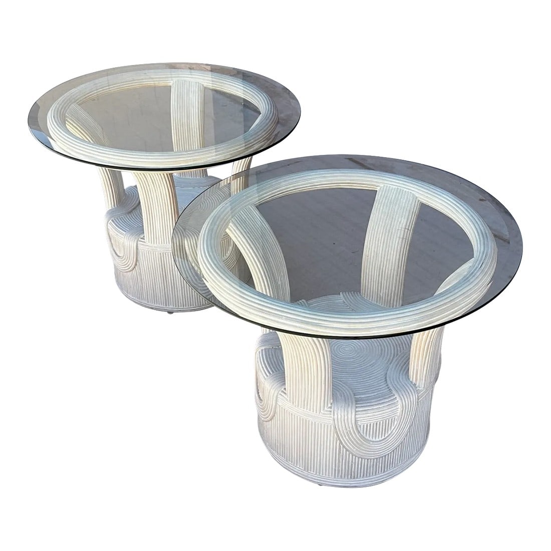 Cerused Pencil Reed Glass Top Side Tables-A Pair: Pair of Post Modern Palm Beach Style Pencil Reed Glass top Tables. Whitewash look that will go with anything. Lots of different ways you can style them. 28in round glass 24in round w/o glass 23in h x
