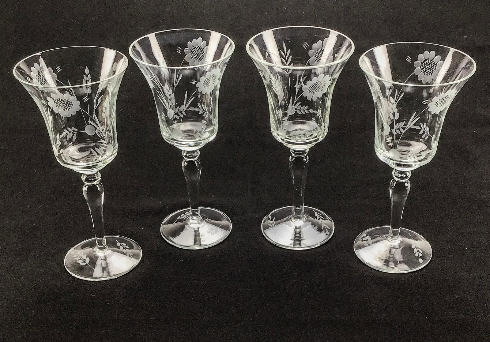 French Vintage Crystal Etched Wine or Water Goblets - a Set of 4 - 2