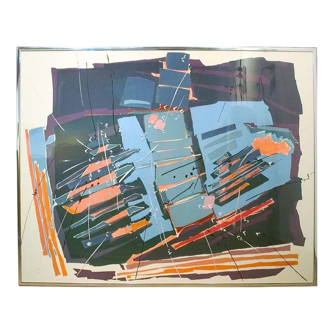 1980s Sally Anderson "Assemblage With Blue" Original Signed Painting: Assemblage With Blue framed Original Acrylic & Mixed Media Painting on Canvas (Canvas background with strips of painted canvas glued to the surface and paint applied to the inside of the plexiglass) H
