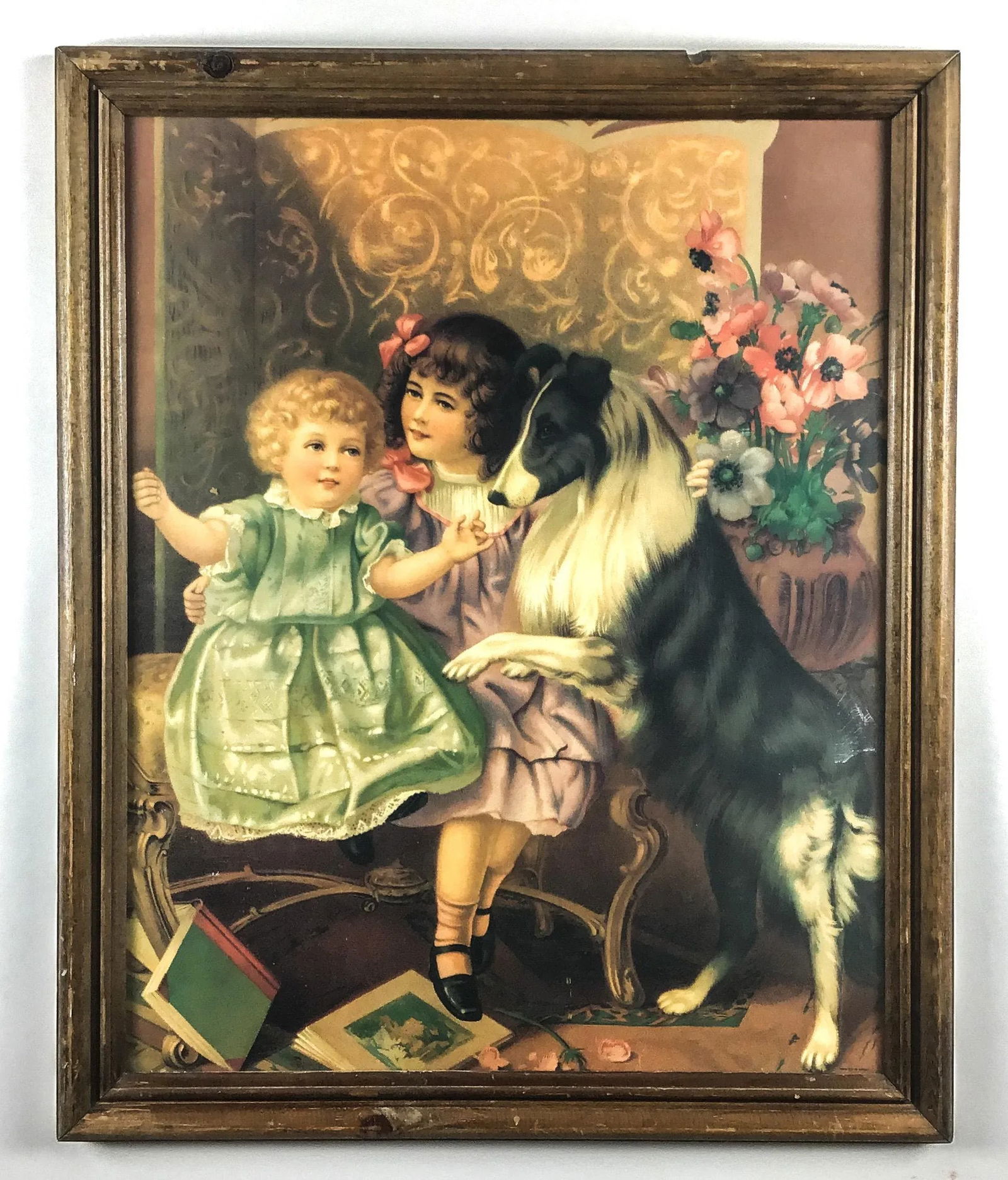 Antique Framed Print Sisters and Collie - 13