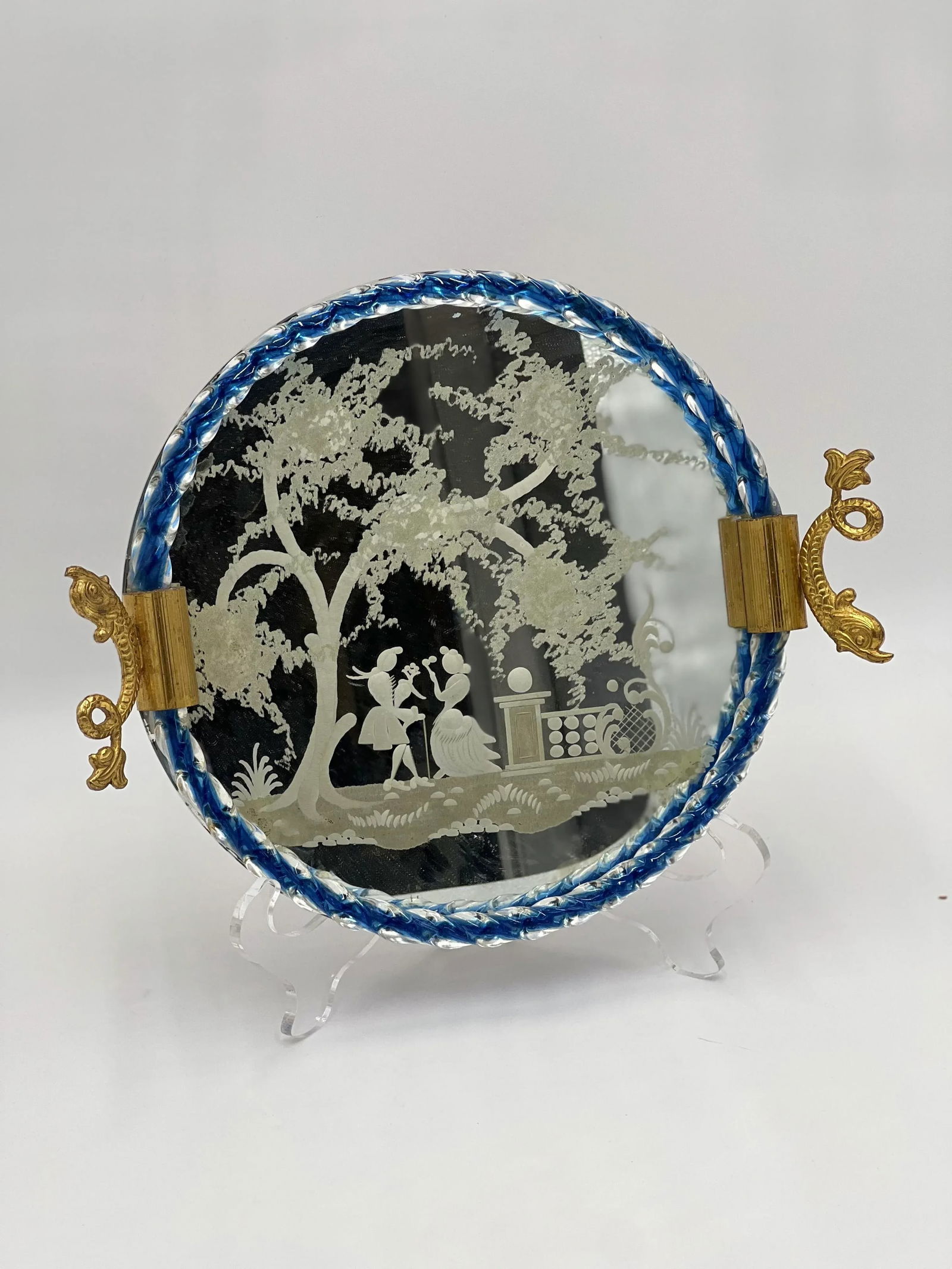 Ercole Barovier Mid Century Venetian Glass & Bronze Dolphin Handled Italian Serving Tray - 2