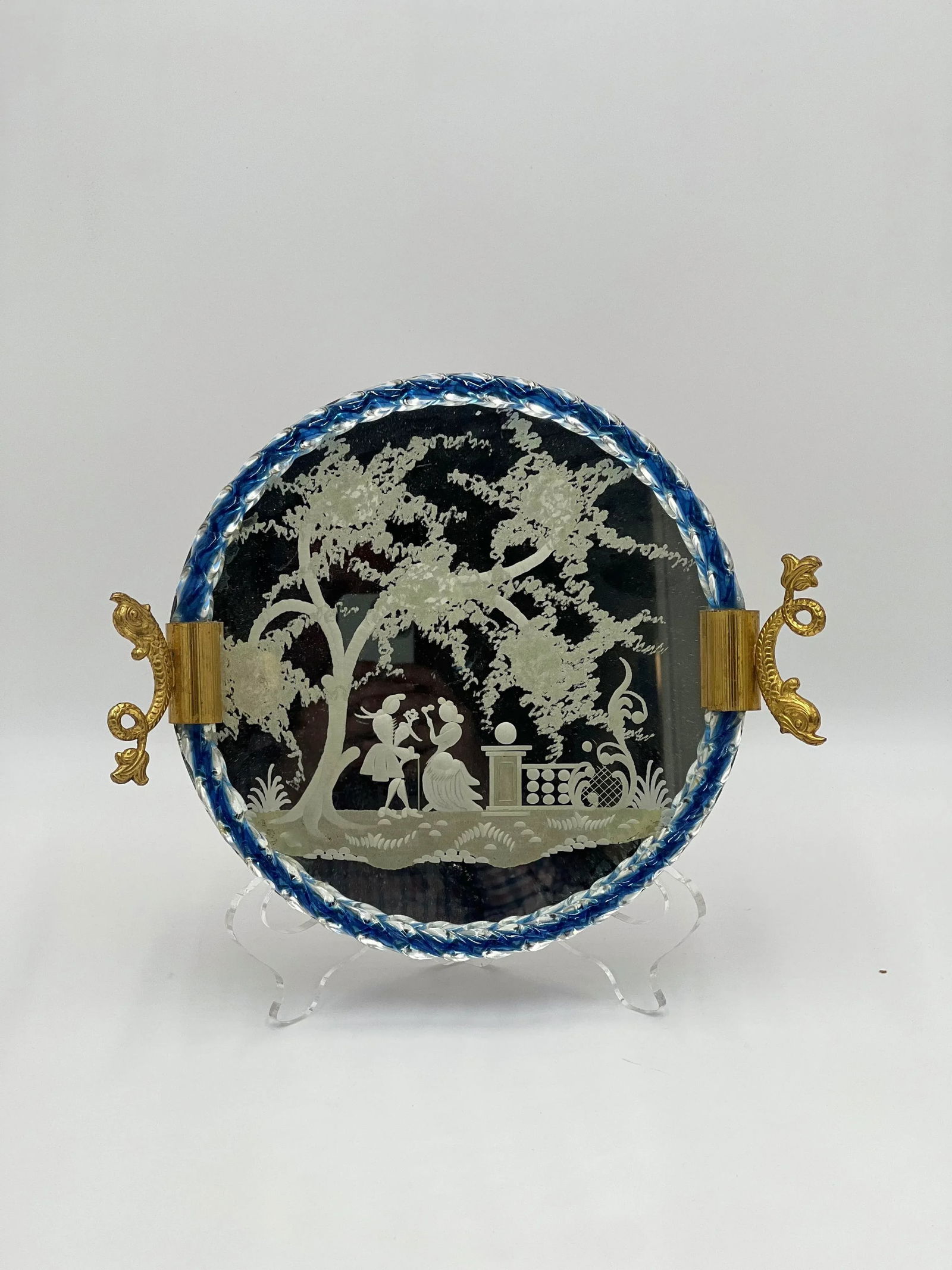 Ercole Barovier Mid Century Venetian Glass & Bronze Dolphin Handled Italian Serving Tray - 8