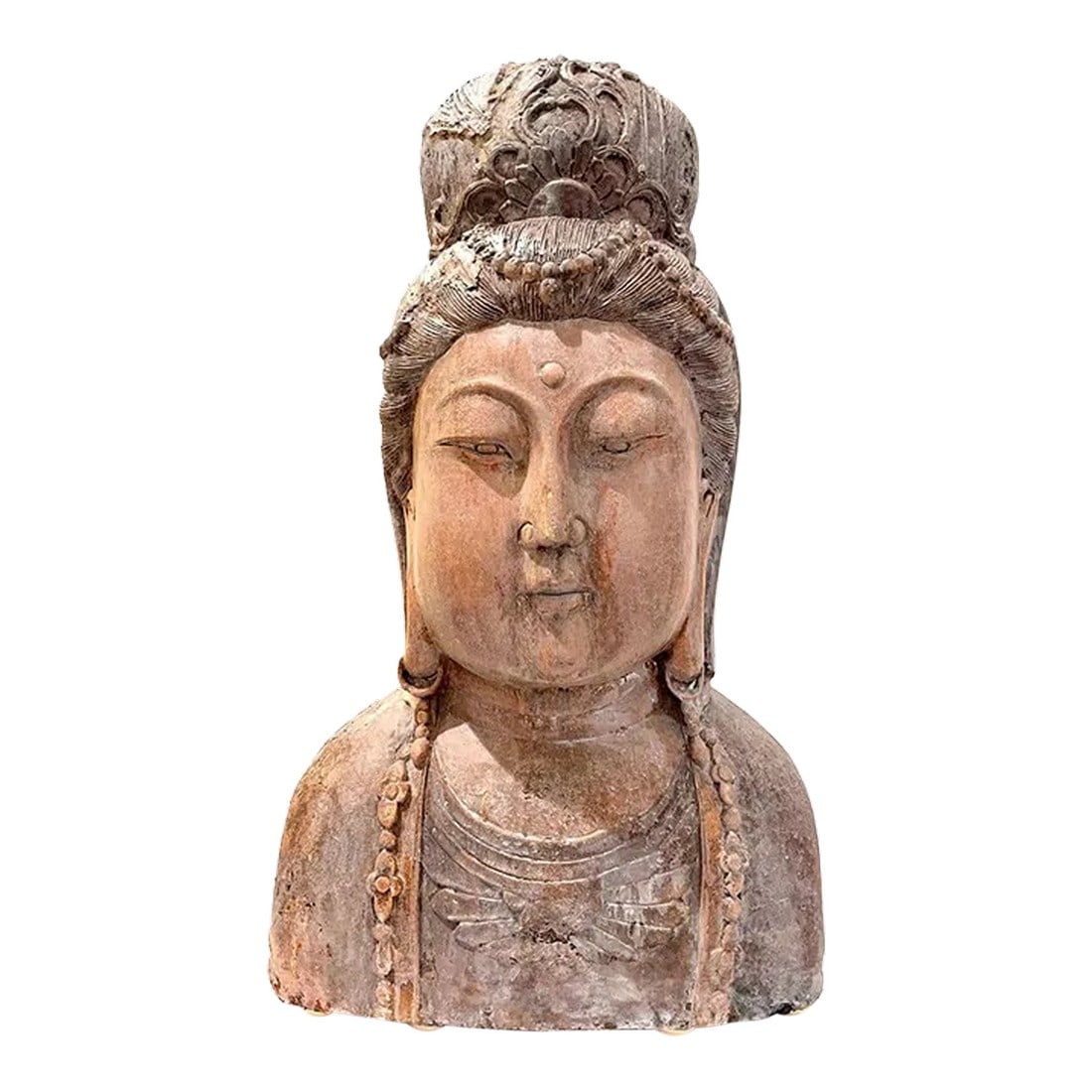 Antique Guan Yin Carved Buddha Bust - Monumental: Standing at 30" tall - this antique is a monumental homage to Guanyin - the Chinese goddess of mercy. Carved wood (hollowed out interior) with painted gesso overlay. Measures 30" tall x 18" wide x 9"