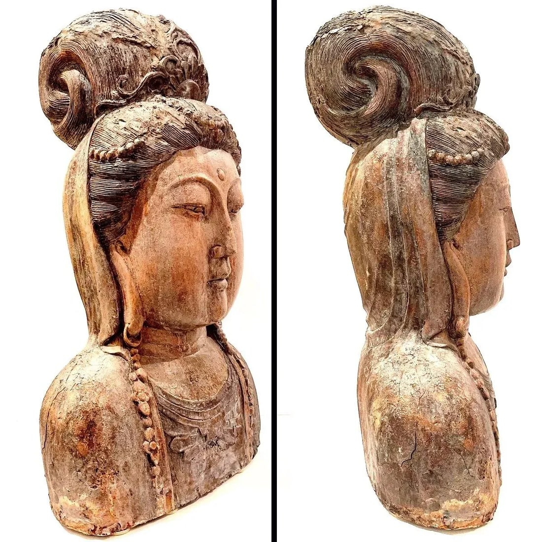 Antique Guan Yin Carved Buddha Bust - Monumental - 2