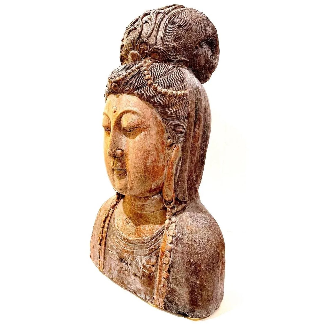 Antique Guan Yin Carved Buddha Bust - Monumental - 5