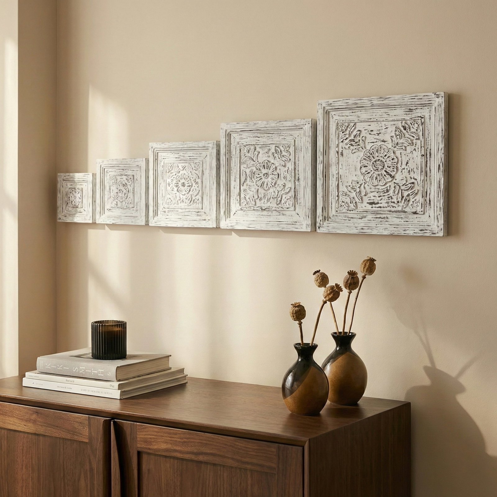 Contemporary Farmhouse Style Hand Carved Solid Wood Distressed Panels - Set of 5 - 2