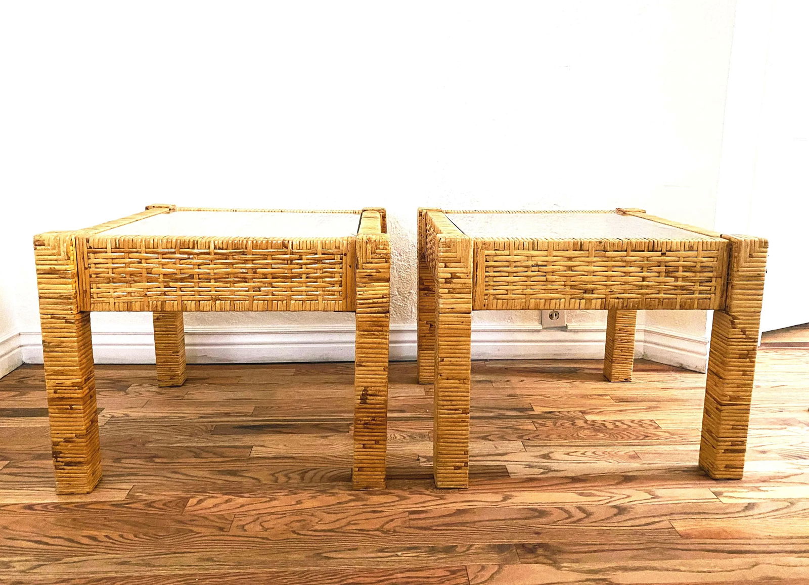 1980s Vintage Rattan and Glass Side End Tables - a Pair - 2