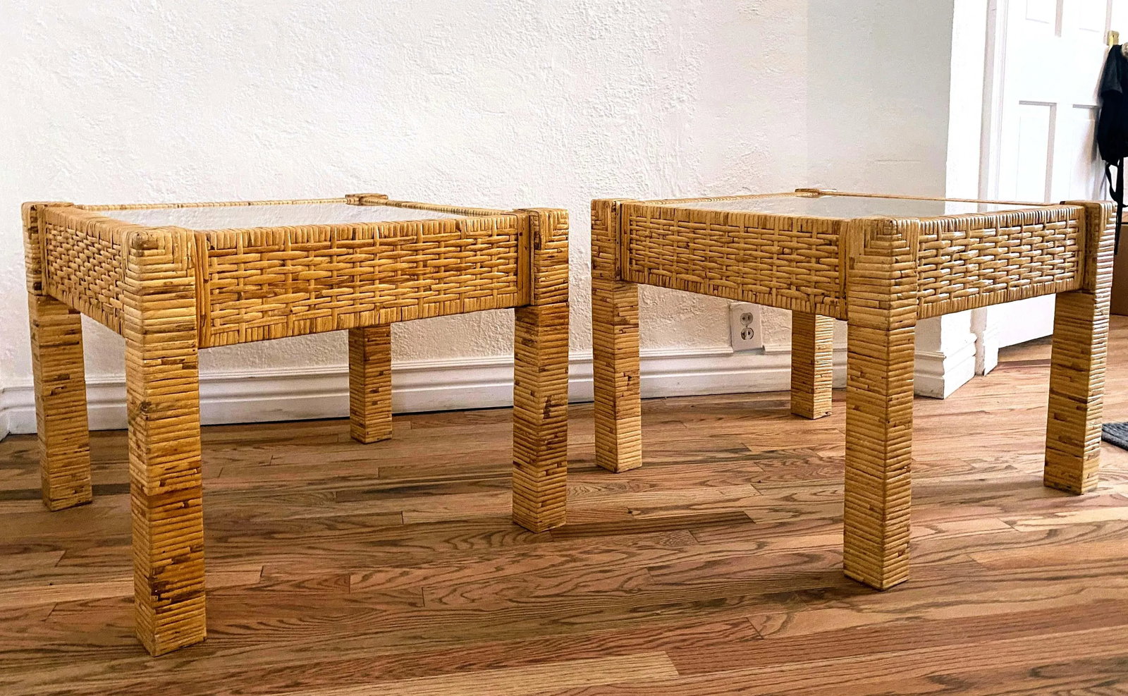 1980s Vintage Rattan and Glass Side End Tables - a Pair - 4