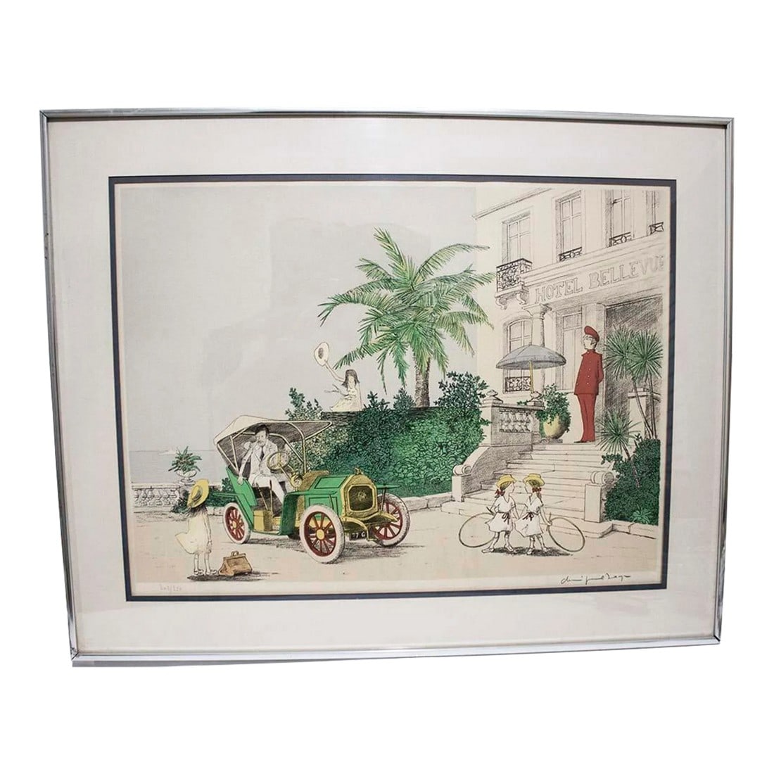 1960s Denis Paul Noyer Signed & No. By Artist, Lithograph 305/350/ Hotel Bellevue: Charming lithograph of a scene in front of the Hotel Bellevue. Signed lower right corner, numbered 302/350 lower left corner, plexiglass cover, silver metal contemporary frame. Overall excellent condi