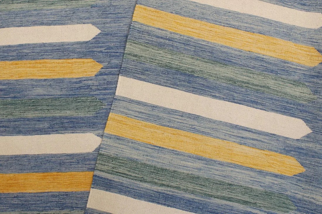 Early 21st Century Boho Chic Kilim Blue Beige Wool Rug - 2