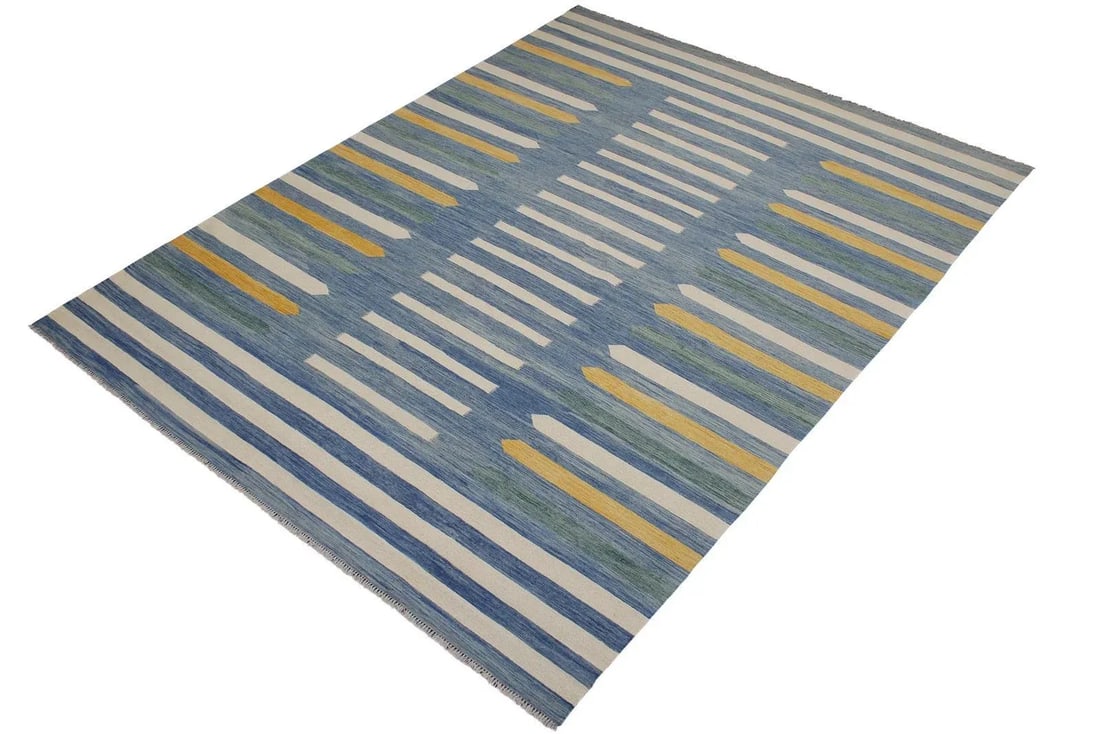 Early 21st Century Boho Chic Kilim Blue Beige Wool Rug - 3