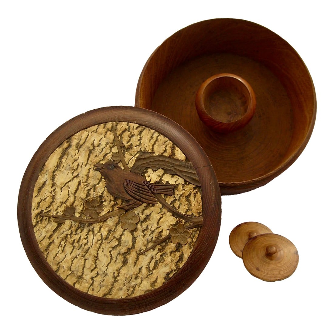 Mid-Century Modern Japanese Wood Box: This very lovely box has a wonderful strong Japanese oriented design with a bird on a branch of a cherry tree , worm wood color that remind danish mid-century use of wood , the lid and the main body o