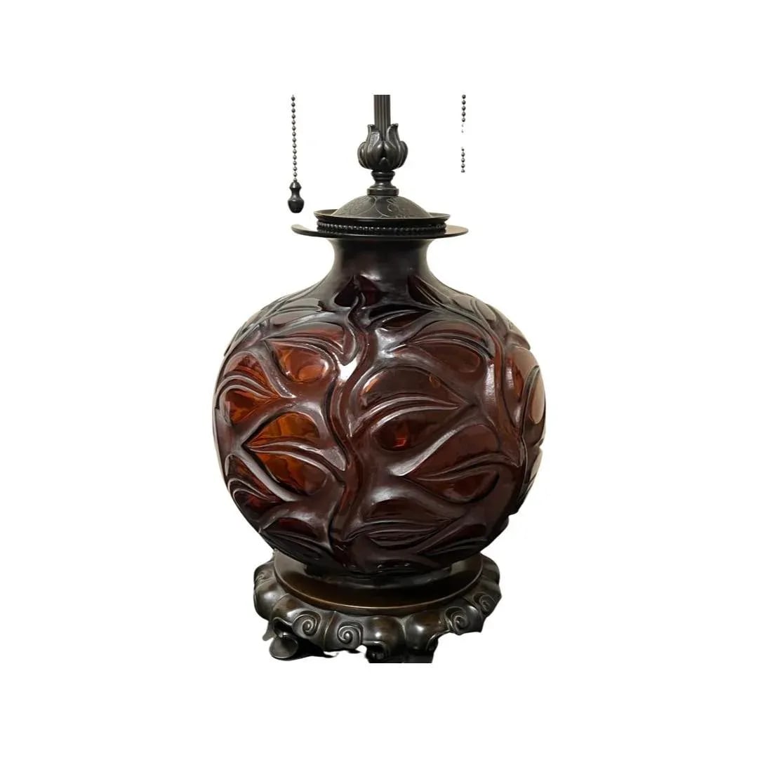 Rene Lalique "Sophora" Amber Glass & Bronze Mounted Table Lamp Circa 1926 - 2