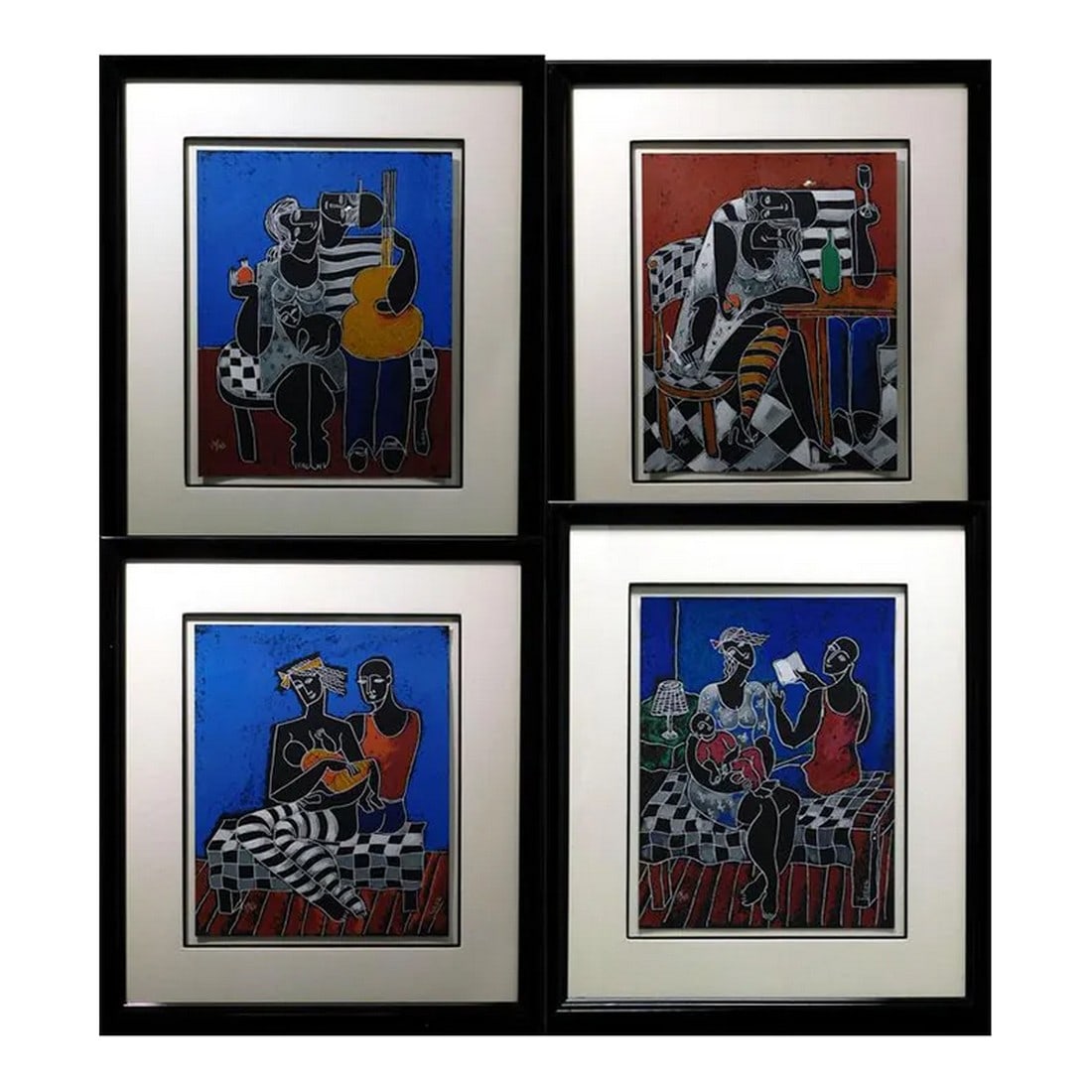 Yuri Yunoz "Romance Street" Set of 4 Abstract Figurative Limited Edition Serigraphs, Framed: Romance Street set of 4 by Yuri Yunoz Original Limited Edition Serigraph on Paper Hand Signed by the Artist Image Size : 19" x 15" Framed size : 30" x 26" matching Edition Number: 58/90 Custom