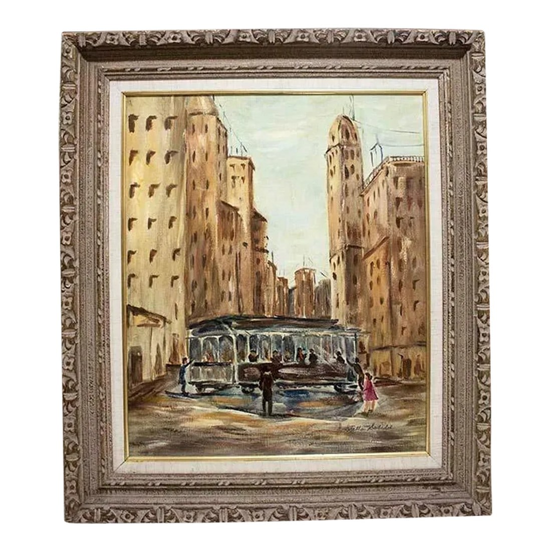 Charming European Painting - Street Scene Featuring a Trolley: Charming European street scene featuring a trolley with passengers boarding. Great carved wooden frame chosen perfectly to complement this lovely oil on canvas, wire on back for hanging. Framing inclu