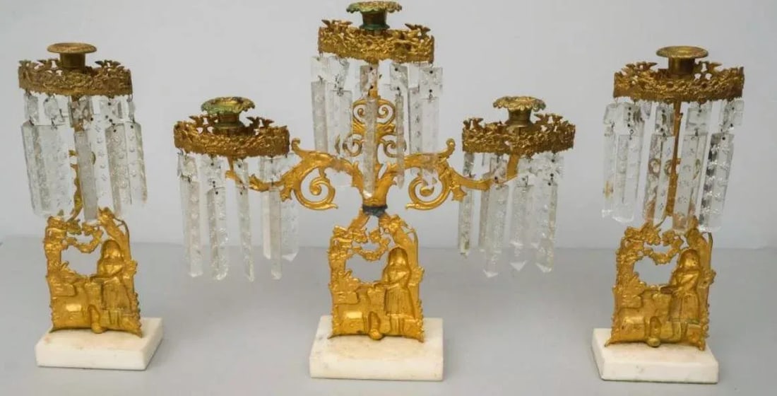 Mid 19th Century Antique Gilt Metal American Girandole Set- 3 Pieces - 3