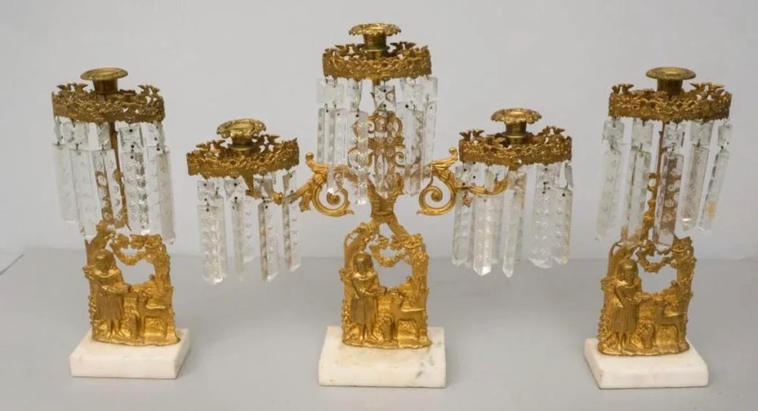 Mid 19th Century Antique Gilt Metal American Girandole Set- 3 Pieces - 7