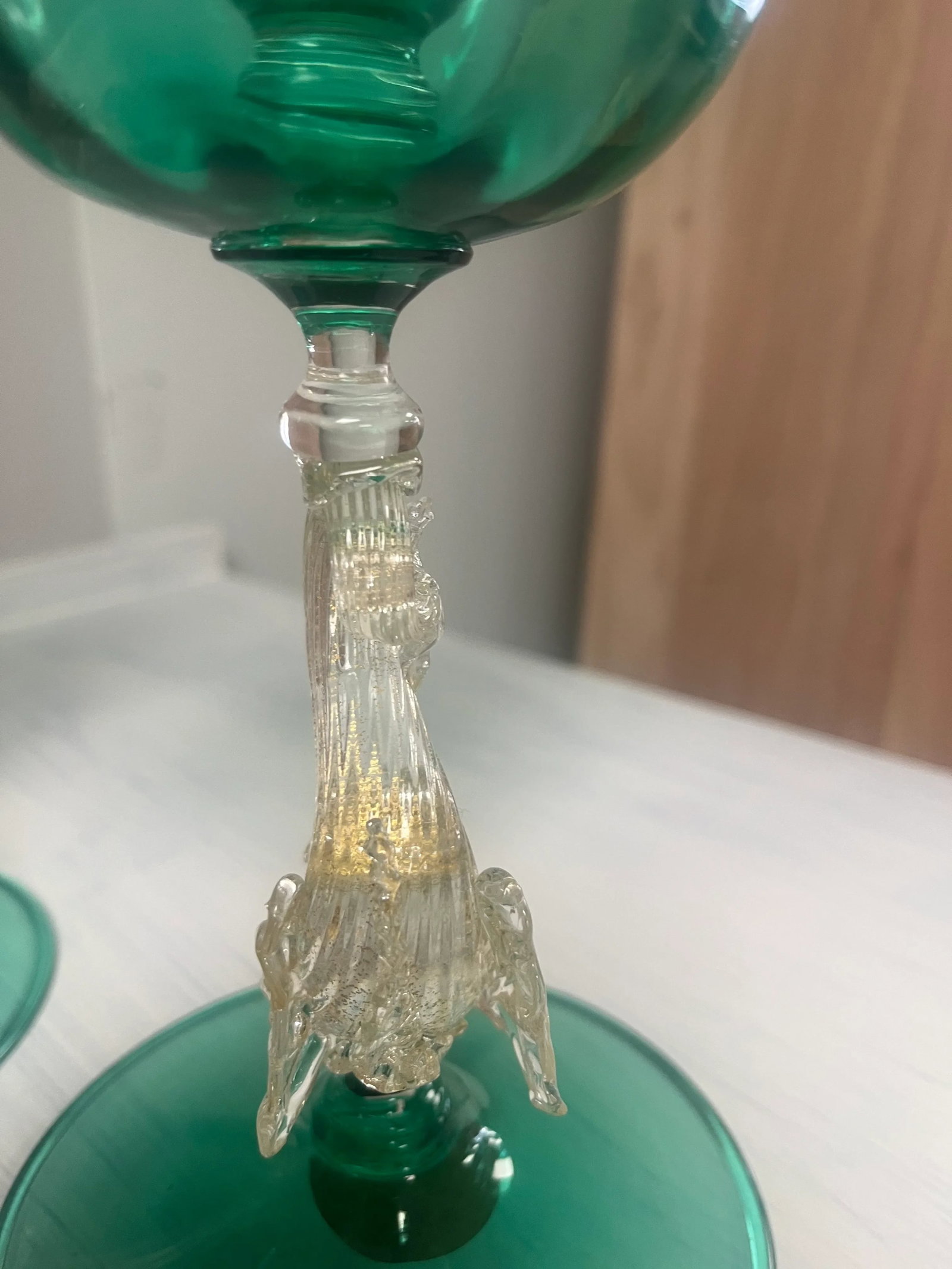 A Pair of Mid 20th Century Green and Gold Hand Blown Venetian Murano Glass Dolphin Candlesticks - 3