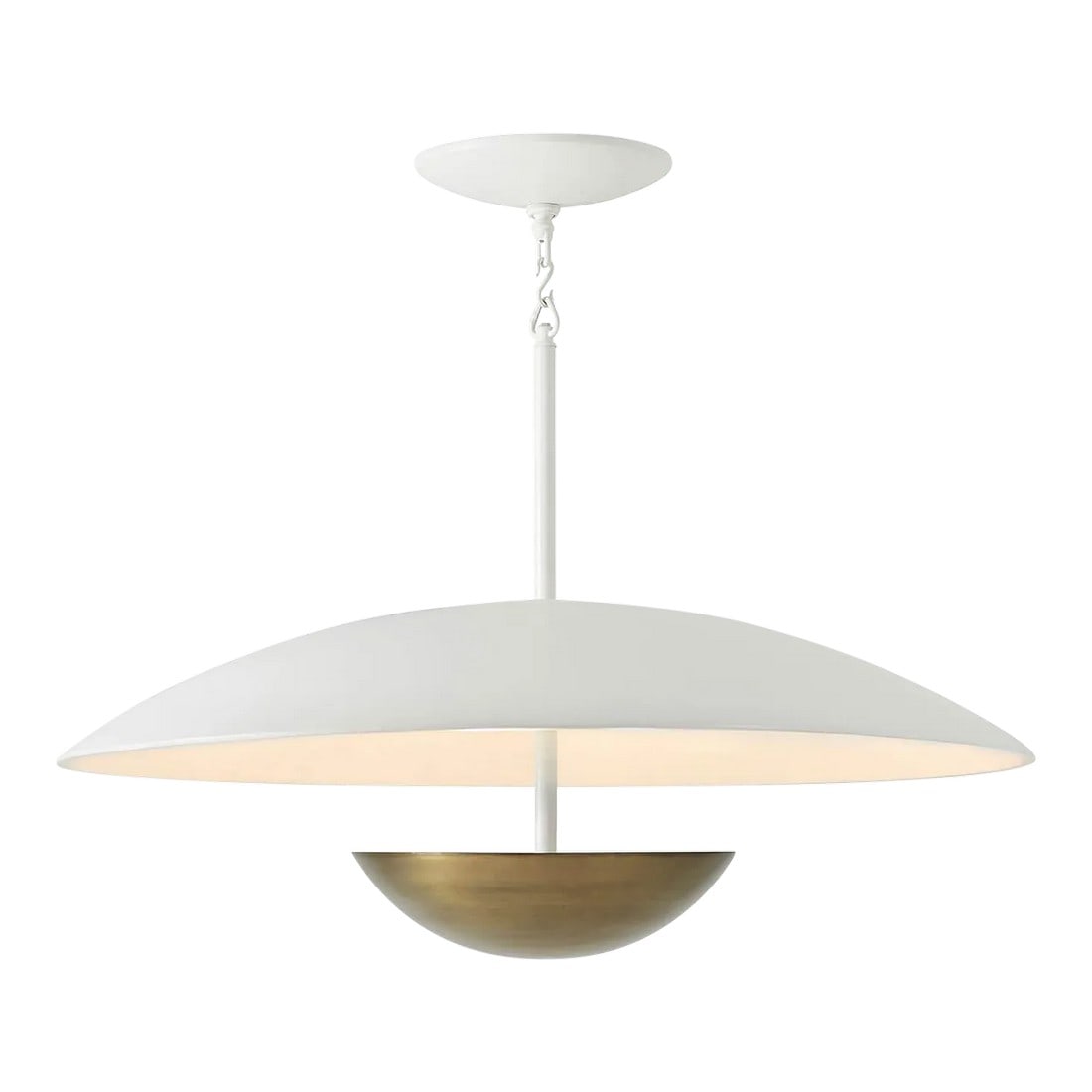 Early 21st Century White Modern Bowl Pendant: Modern Bowl chandelier with a textured white composite canopy above a bronze-finished steel bowl. With a painted chain and ceiling canopy. Dimensions: 43" W x 43" D x 31" H 108" chandelier chain & hoo