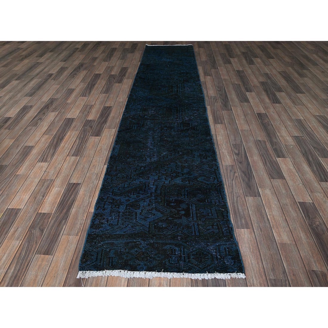 Yale Blue Overdyed Vintage Persian Tabriz Hand Knotted Wool Runner Rug - 2