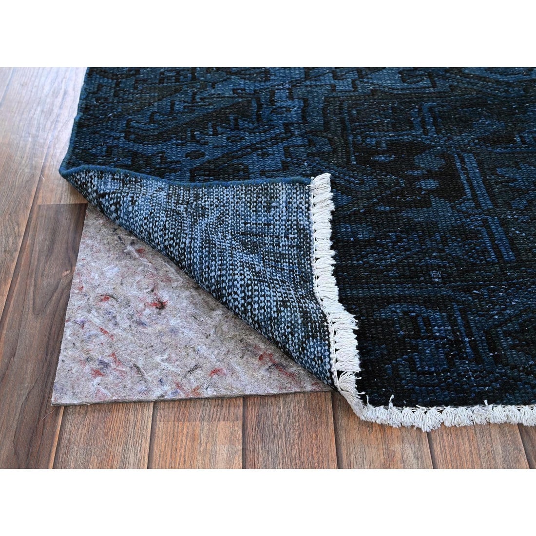 Yale Blue Overdyed Vintage Persian Tabriz Hand Knotted Wool Runner Rug - 3