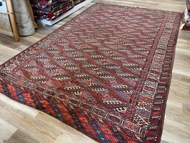 Antique Room size Turkoman Rug-1483: Title:Antique Room size Turkoman Rug-1483 Description:An antique Turkoman Yumud rug from Southeastern Turkomanistan, size 7 ft by 11 ft, circa 1900, excellent condition with a good pile throughout, co