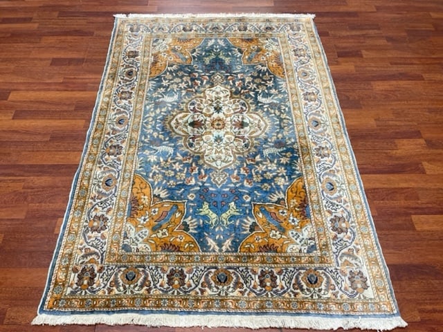 Antique Tabriz Design Silk Saysari Rug-5059: Title:Antique Tabriz Design Silk Saysari Rug-5059 Description:beautiful antique Turkish SilkTabriz design Kaysari, from central Turkey, size 4 ft. x 5 ft. 7 inches, circa 1920, excellent condition wit