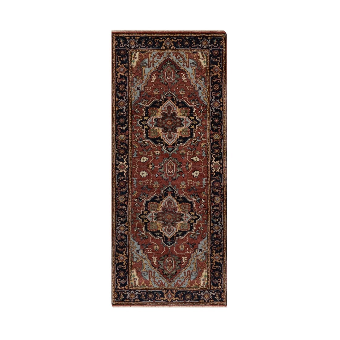 Brick Red Antiqued Fine Heriz Re-Creation Hand Knotted Wool Runner Rug: Title: Brick Red Antiqued Fine Heriz Re-Creation Hand Knotted Wool Runner Rug Description:This is a truly genuine one-of-a-kind. It has been Knotted for months and months in the centuries-old weaving
